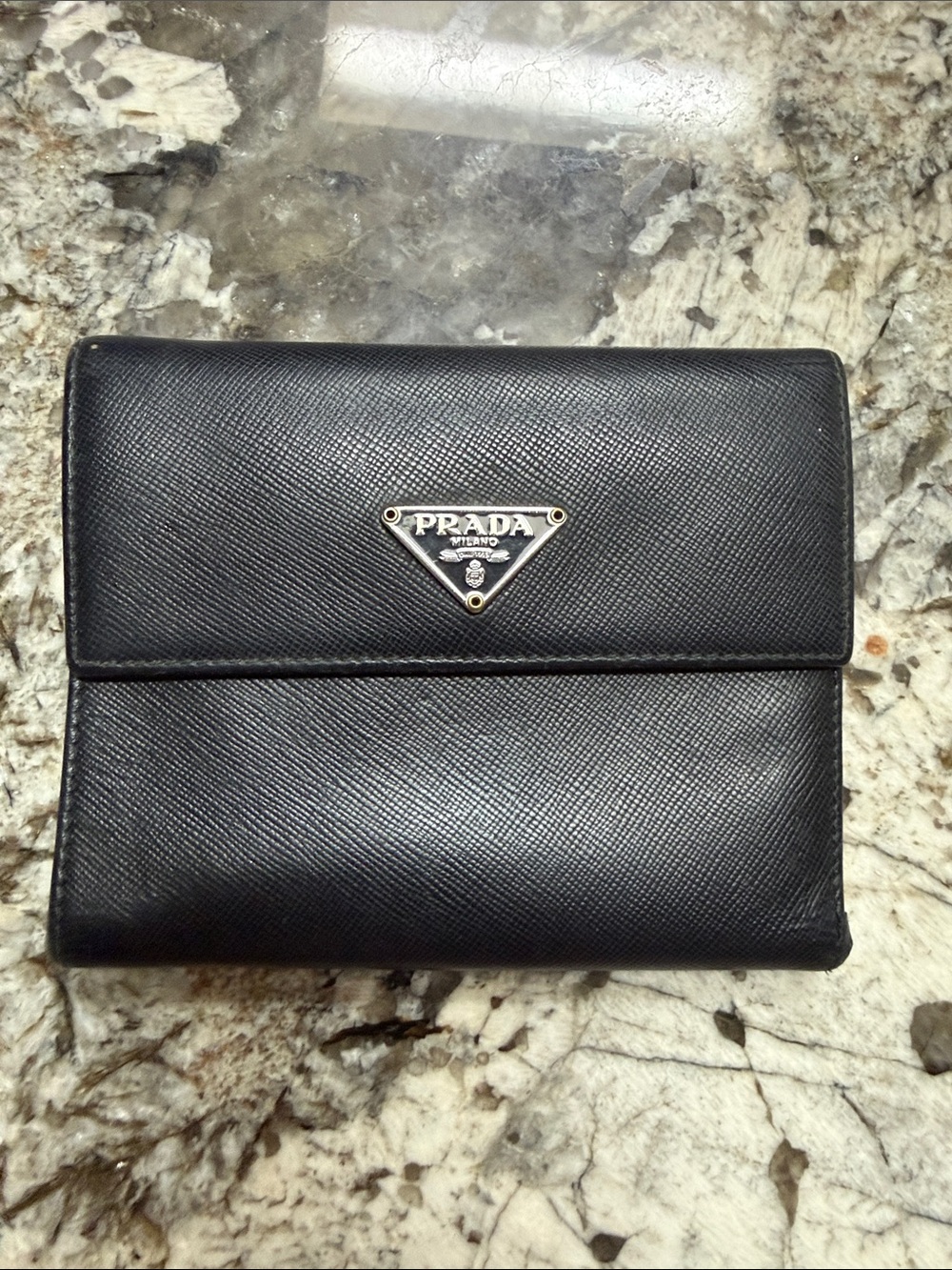Prada Black Saffiano Leather Folded Wallet with Metal Triangle Logo